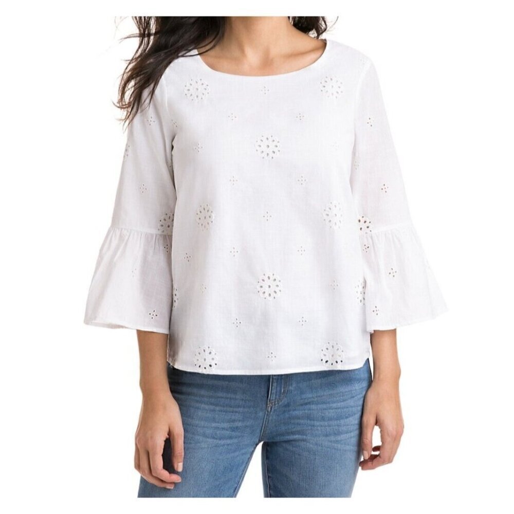 Vineyard Vines Eyelet Lace Top Size 6 White Bell Sleeve Cotton Women's Blouse
